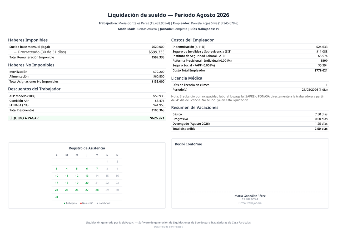 Liquidación de sueldo en PDF de María González Pérez con haberes, descuentos previsionales y líquido a pagar