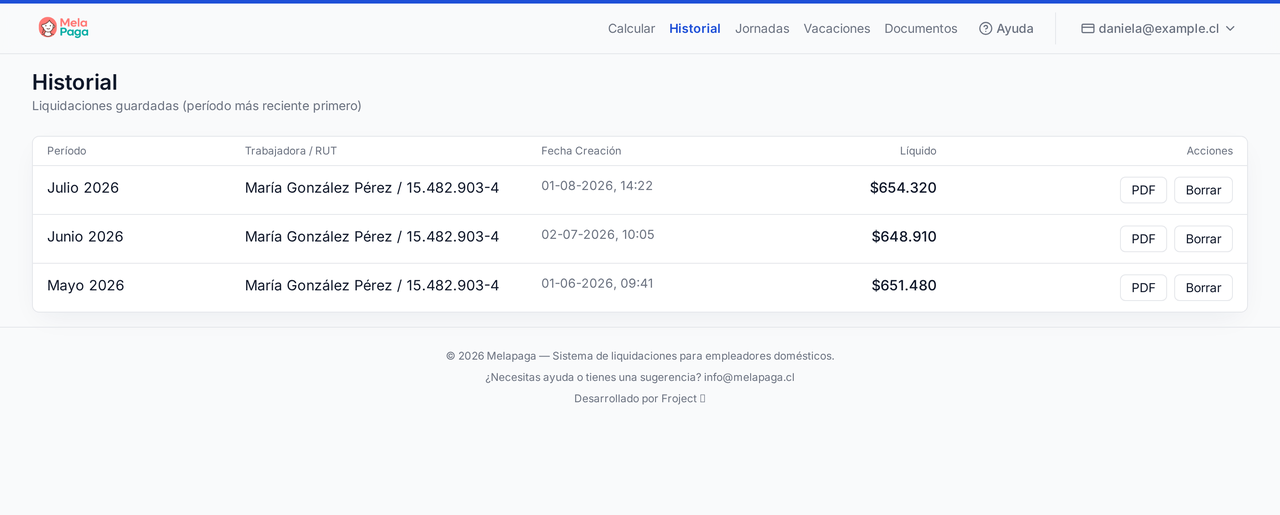 Historial de liquidaciones de sueldo guardadas en MelaPaga con opción de descargar el PDF